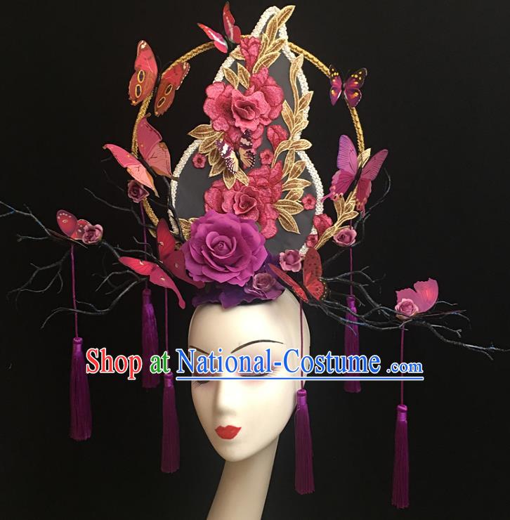 China Court Tassel Hair Clasp Catwalks Giant Headdress Handmade Bride Fashion Headwear Cheongsam Show Purple Gourd Hair Crown