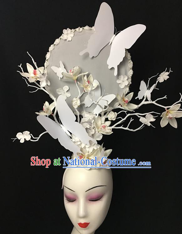 China Cheongsam Show White Butterfly Hair Crown Court Fan Hair Clasp Catwalks Giant Headdress Handmade Bride Fashion Headwear