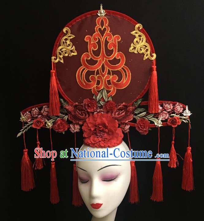 China Handmade Fashion Headwear Cheongsam Show Hair Crown Court Red Fan Tassel Hair Clasp Catwalks Bride Giant Headdress