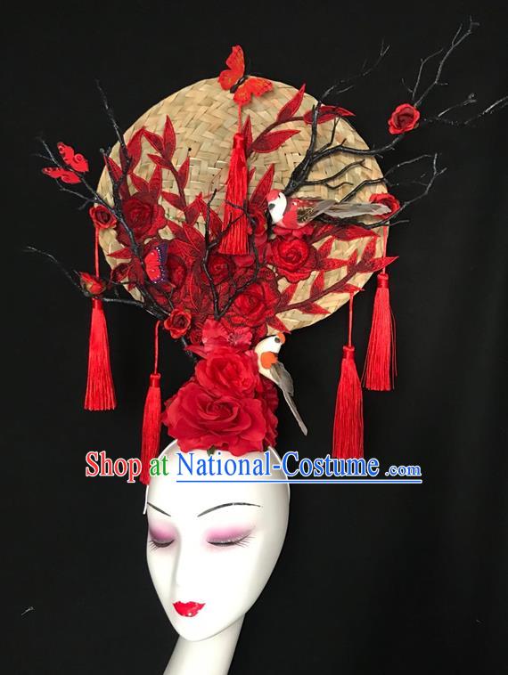 China Court Rattan Fan Hair Clasp Catwalks Bride Giant Headdress Handmade Fashion Headwear Cheongsam Show Embroidered Peony Hair Crown