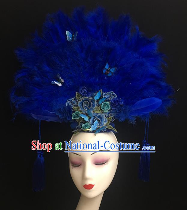 China Cheongsam Show Blue Feather Hair Crown Court Fan Hair Clasp Catwalks Bride Giant Headdress Handmade Fashion Butterfly Headwear