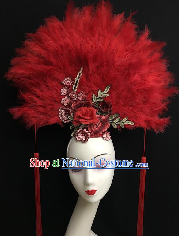 China Handmade Fashion Butterfly Headwear Cheongsam Show Red Feather Hair Crown Court Fan Hair Clasp Catwalks Bride Giant Headdress