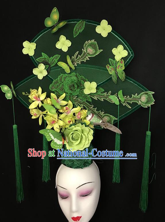 China Handmade Bride Giant Headwear Cheongsam Show Embroidered Peony Hair Crown Court Green Fan Hair Clasp Catwalks Fashion Headdress