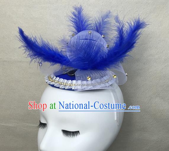 Top Cosplay Party Hair Accessories Catwalks Bride Royal Crown Halloween Fancy Ball Top Hat Brazilian Carnival Blue Feather Headdress