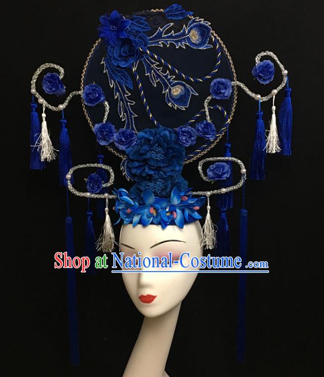 China Court Blue Flowers Top Hat Catwalks Deluxe Tassel Headdress Handmade Bride Fashion Headwear Qipao Show Hair Crown