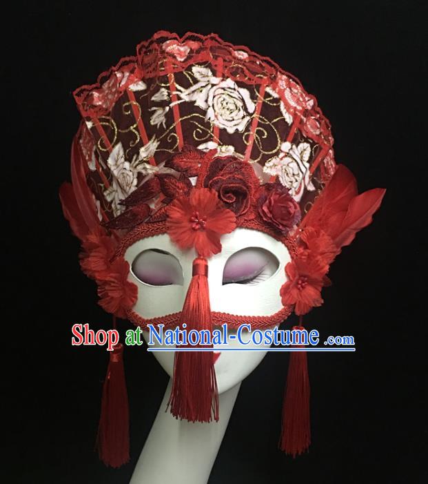 Handmade Halloween Cosplay Show Red Lace Full Face Mask Costume Party Tassel Blinder Headpiece Brazil Carnival Feather Mask