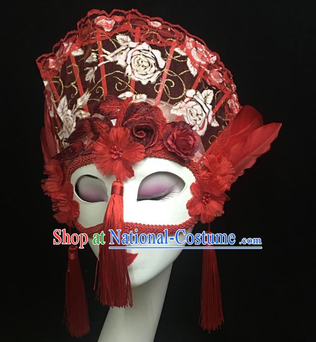 Handmade Halloween Cosplay Show Red Lace Full Face Mask Costume Party Tassel Blinder Headpiece Brazil Carnival Feather Mask