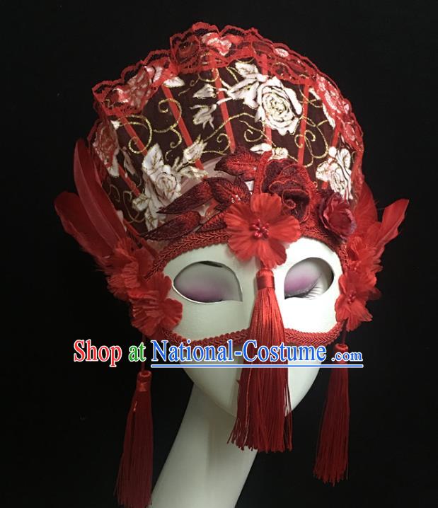 Handmade Halloween Cosplay Show Red Lace Full Face Mask Costume Party Tassel Blinder Headpiece Brazil Carnival Feather Mask