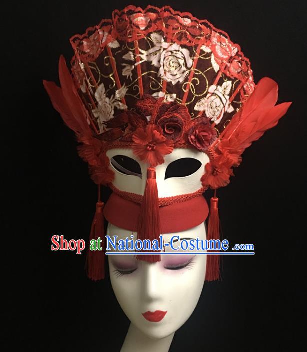 Handmade Halloween Cosplay Show Red Lace Full Face Mask Costume Party Tassel Blinder Headpiece Brazil Carnival Feather Mask