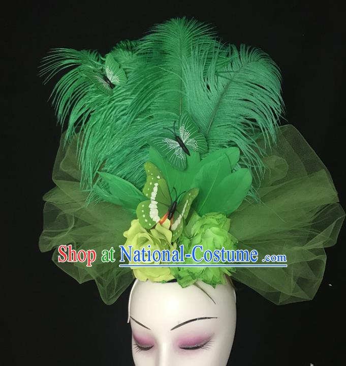 Top Brazil Parade Headdress Halloween Cosplay Hair Accessories Catwalks Green Flowers Veil Royal Crown Rio Carnival Feather Hair Clasp