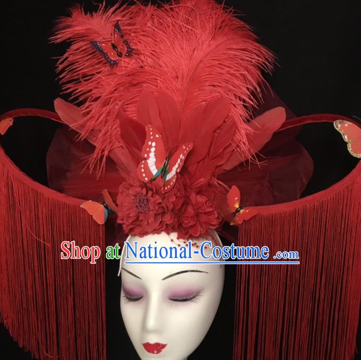 Top Rio Carnival Feather Hair Clasp Brazil Parade Headdress Halloween Cosplay Hair Accessories Catwalks Red Tassel Royal Crown