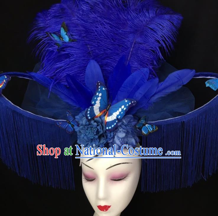 Top Catwalks Royalblue Tassel Royal Crown Rio Carnival Feather Hair Clasp Brazil Parade Headdress Halloween Cosplay Queen Hair Accessories