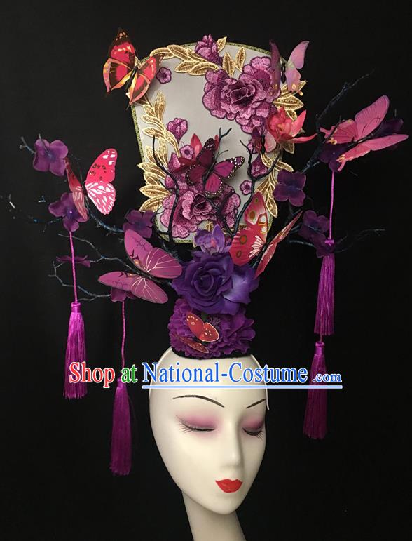 China Catwalks Fashion Headdress Handmade Bride Giant Headwear Cheongsam Show Embroidered Peony Hair Crown Court Purple Flowers Hair Clasp