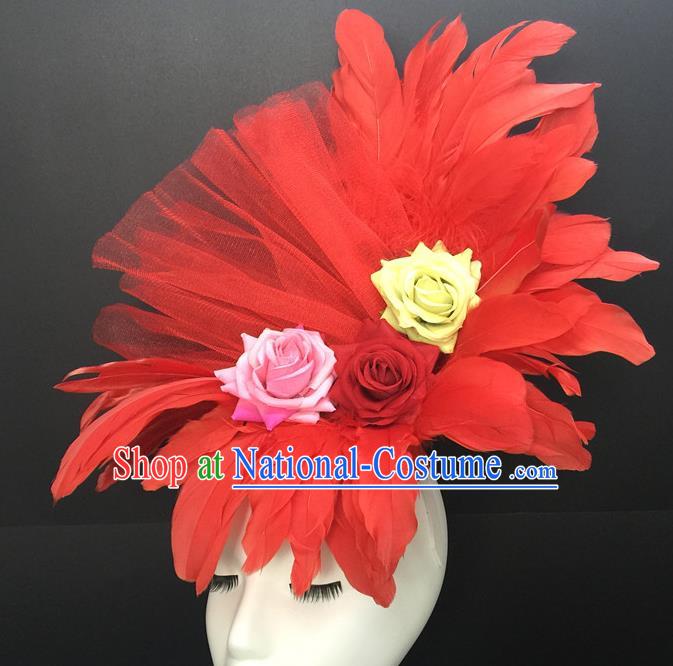 Top Cosplay Hair Accessories Catwalks Red Feather Royal Crown Halloween Party Top Hat Brazilian Carnival Headdress