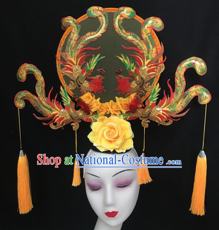 China Court Orange Fan Hair Clasp Catwalks Fashion Headdress Handmade Bride Giant Headwear Cheongsam Show Embroidered Phoenix Hair Crown