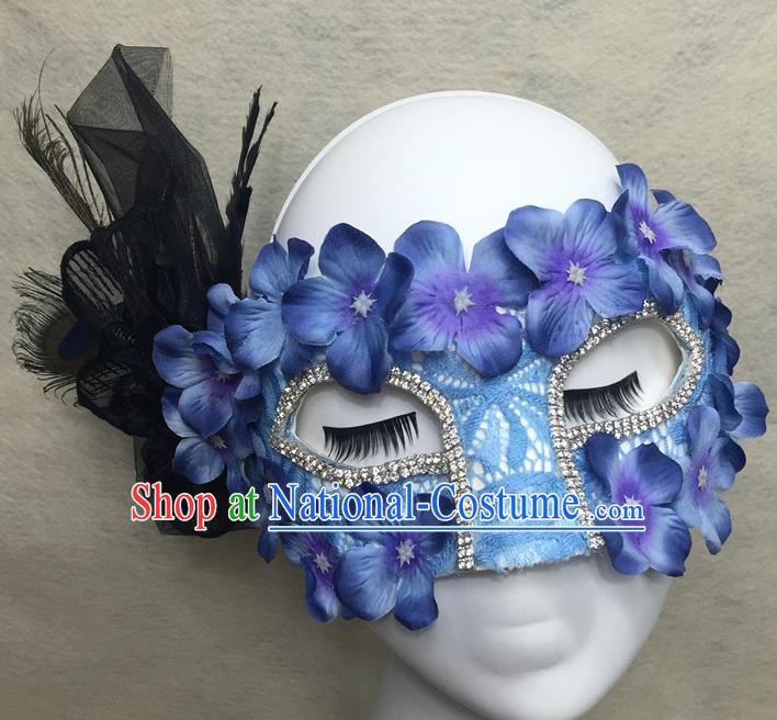 Handmade Rio Carnival Feather Face Mask Halloween Cosplay Blue Flowers Mask Costume Party Blinder Headpiece