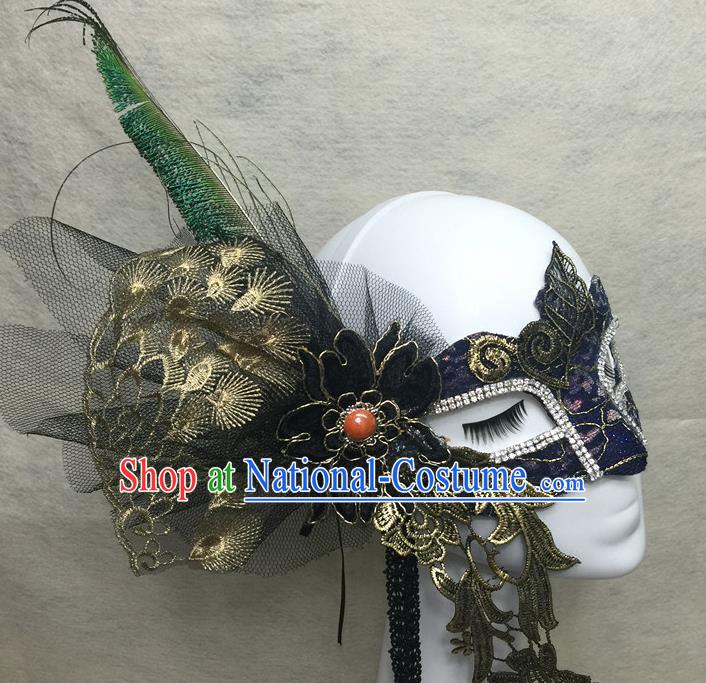 Handmade Costume Party Blinder Headpiece Rio Carnival Lace Face Mask Halloween Cosplay Navy Mask