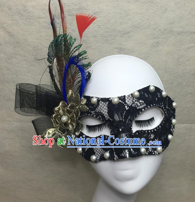 Handmade Rio Carnival Black Lace Face Mask Halloween Cosplay Show Feather Mask Costume Party Pearls Blinder Headpiece