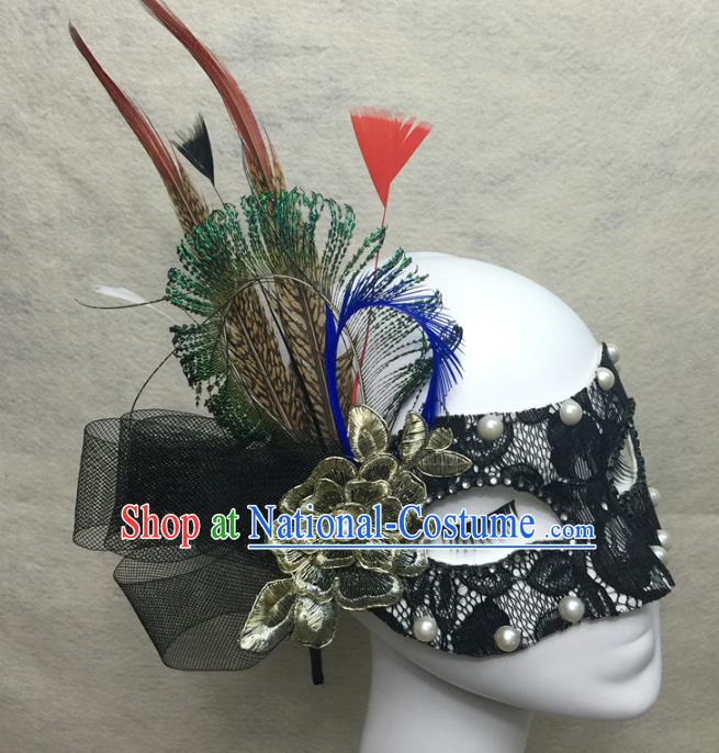 Handmade Rio Carnival Black Lace Face Mask Halloween Cosplay Show Feather Mask Costume Party Pearls Blinder Headpiece