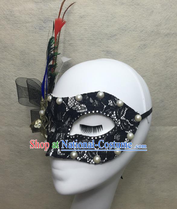 Handmade Rio Carnival Black Lace Face Mask Halloween Cosplay Show Feather Mask Costume Party Pearls Blinder Headpiece