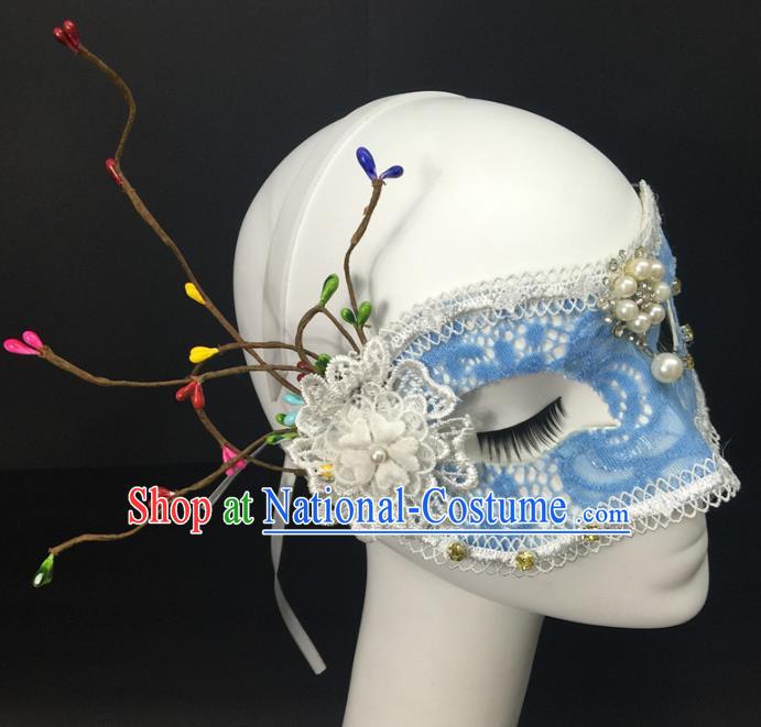 Handmade Costume Party Pearls Blinder Headpiece Rio Carnival Blue Lace Face Mask Halloween Cosplay Show Feather Mask