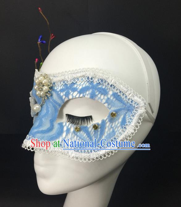 Handmade Costume Party Pearls Blinder Headpiece Rio Carnival Blue Lace Face Mask Halloween Cosplay Show Feather Mask