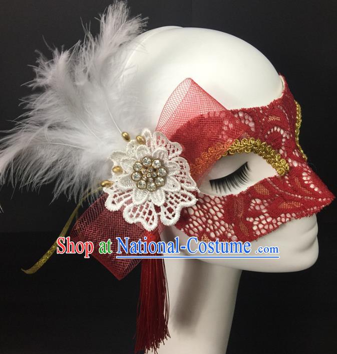 Handmade Halloween Cosplay Show Feather Mask Costume Party Blinder Headpiece Rio Carnival Red Lace Face Mask