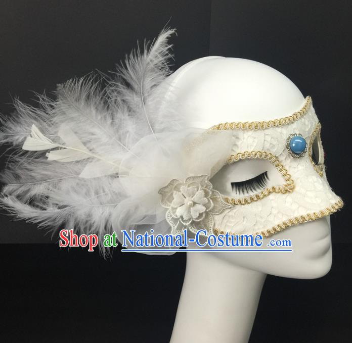 Handmade Rio Carnival White Lace Face Mask Halloween Cosplay Show Feather Mask Costume Party Blinder Headpiece