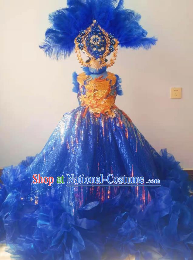 Custom Girl Princess Stage Show Embroidered Clothing Brazil Parade Blue Trailing Full Dress Children Catwalks Dance Garment Costume and Feather Headwear