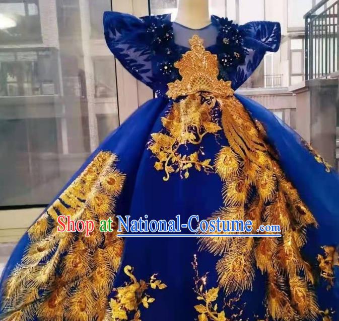 Custom Children Catwalks Dance Garment Costume Girl Princess Stage Show Embroidered Phoenix Clothing Brazil Parade Blue Full Dress