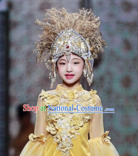 Custom Children Catwalks Garment Costume Girl Dance Performance Clothing Stage Show Yellow Full Dress and Headdress