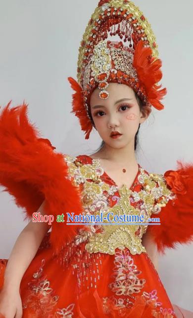 Customized Girl Stage Show Clothing Brazil Parade Dance Red Feather Trailing Full Dress Children Catwalks Garment Costume and Royal Crown