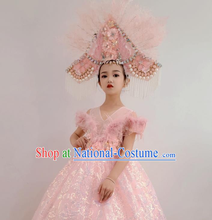 Customized Children Catwalks Garment Costume Girl Stage Show Clothing Brazil Parade Dance Trailing Full Dress and Pink Feather Headwear