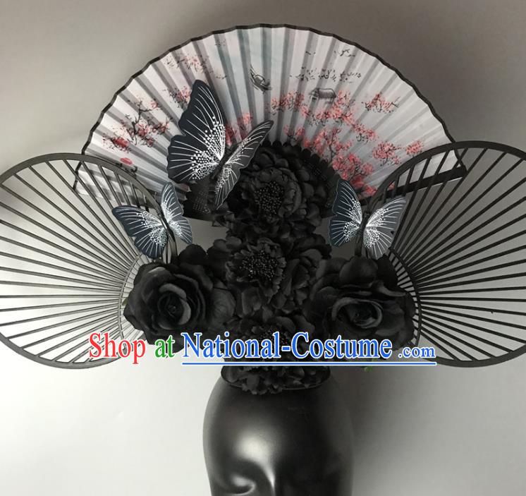 Chinese Handmade Fashion Show Giant Black Flowers Hair Crown Traditional Stage Court Fan Top Hat Cheongsam Catwalks Deluxe Headwear