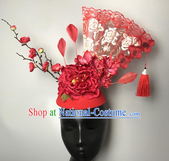 Chinese Handmade Fashion Show Lace Fan Hair Crown Traditional Stage Court Red Peony Top Hat Cheongsam Catwalks Giant Headdress