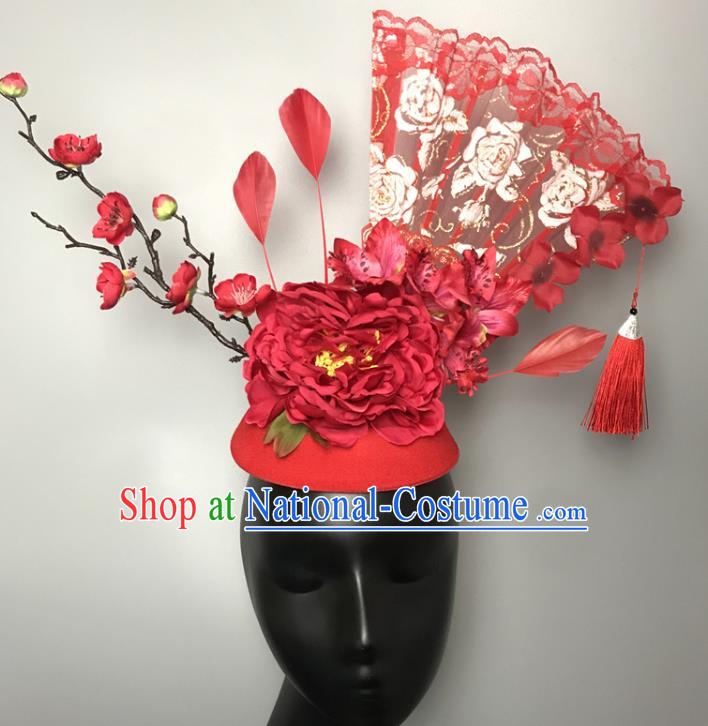 Chinese Handmade Fashion Show Lace Fan Hair Crown Traditional Stage Court Red Peony Top Hat Cheongsam Catwalks Giant Headdress