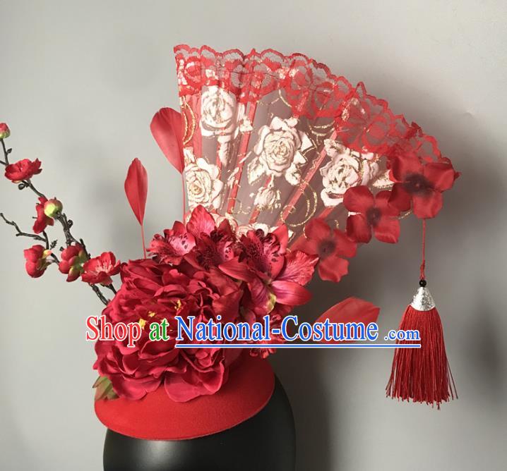 Chinese Handmade Fashion Show Lace Fan Hair Crown Traditional Stage Court Red Peony Top Hat Cheongsam Catwalks Giant Headdress