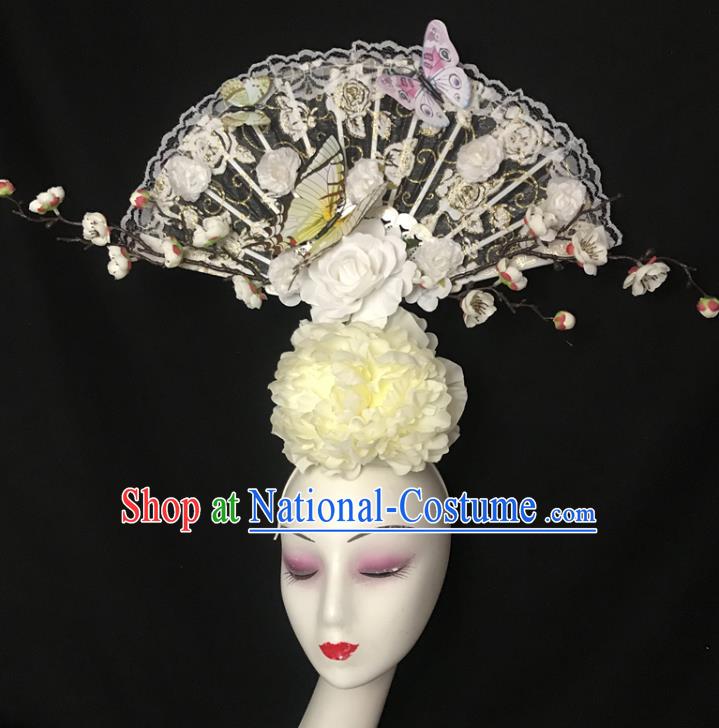 Chinese Cheongsam Catwalks Fashion Giant Headdress Handmade Stage Show Beige Peony Hair Crown Traditional Court Lace Fan Hair Clasp