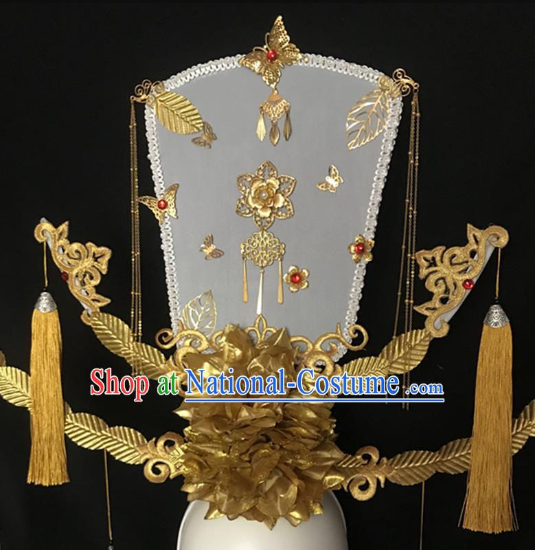 Chinese Traditional Court Fan Tassel Hair Clasp Catwalks Giant Fashion Headdress Handmade Cheongsam Stage Show Gold Flowers Hair Crown