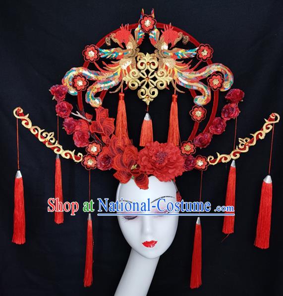 Chinese Handmade Cheongsam Stage Show Sequins Phoenix Hair Crown Traditional Court Red Flowers Tassel Hair Clasp Catwalks Giant Fashion Headpiece