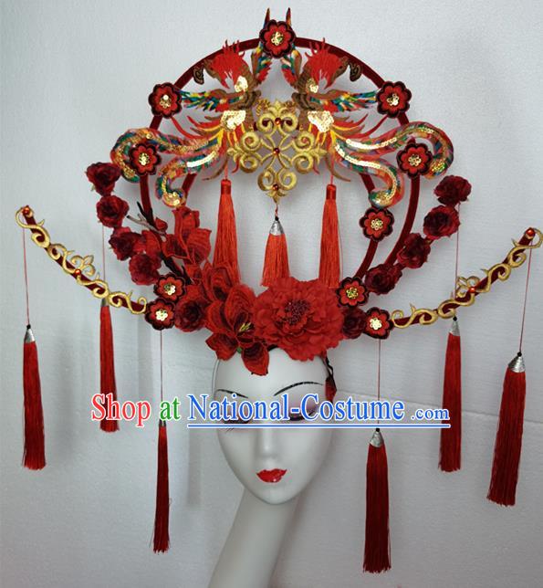 Chinese Handmade Cheongsam Stage Show Sequins Phoenix Hair Crown Traditional Court Red Flowers Tassel Hair Clasp Catwalks Giant Fashion Headpiece