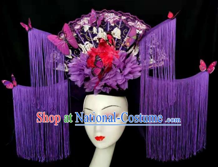 Chinese Cheongsam Catwalks Giant Fashion Headdress Handmade Stage Show Purple Tassel Hair Crown Traditional Court Lace Fan Hair Clasp