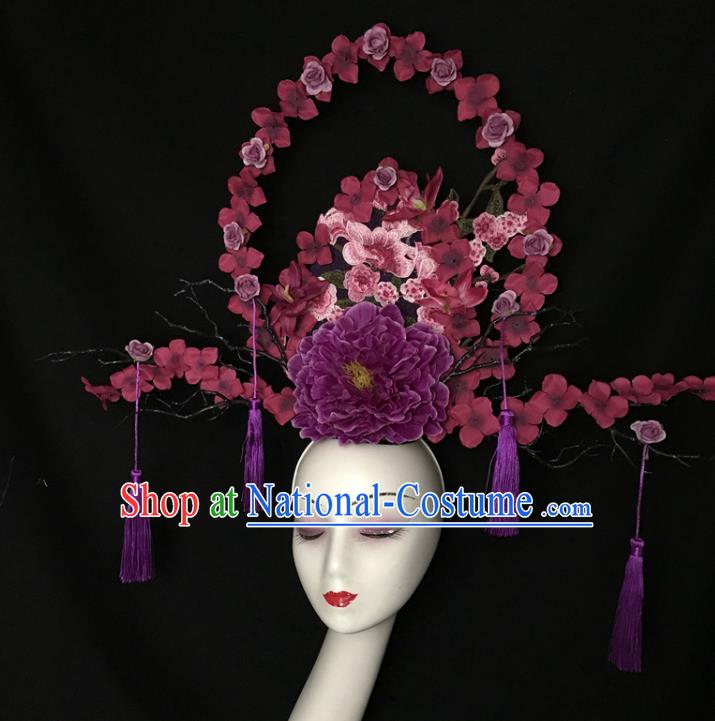 Chinese Traditional Court Purple Peony Hair Clasp Cheongsam Catwalks Giant Fashion Headdress Handmade Stage Show Tassel Hair Crown