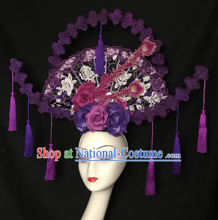 Chinese Handmade Stage Show Lace Fan Hair Crown Traditional Court Purple Flowers Hair Clasp Cheongsam Catwalks Giant Fashion Headdress