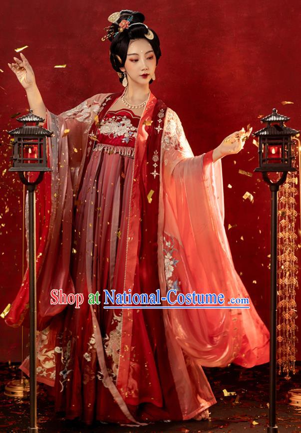 China Traditional Tang Dynasty Red Hanfu Dress Ancient Imperial Concubine Embroidered Historical Garments Clothing