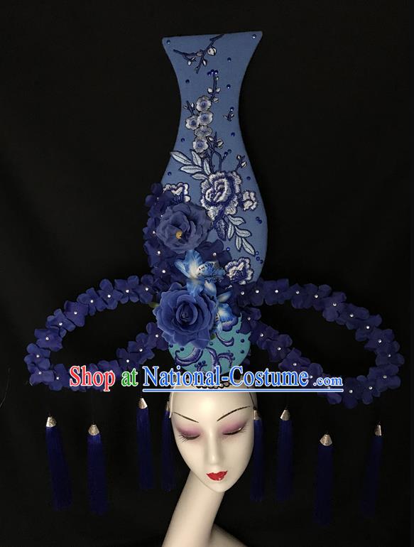 Chinese Catwalks Giant Fashion Headdress Handmade Cheongsam Stage Show Blue Flowers Vase Hair Crown Traditional Court Tassel Hair Clasp