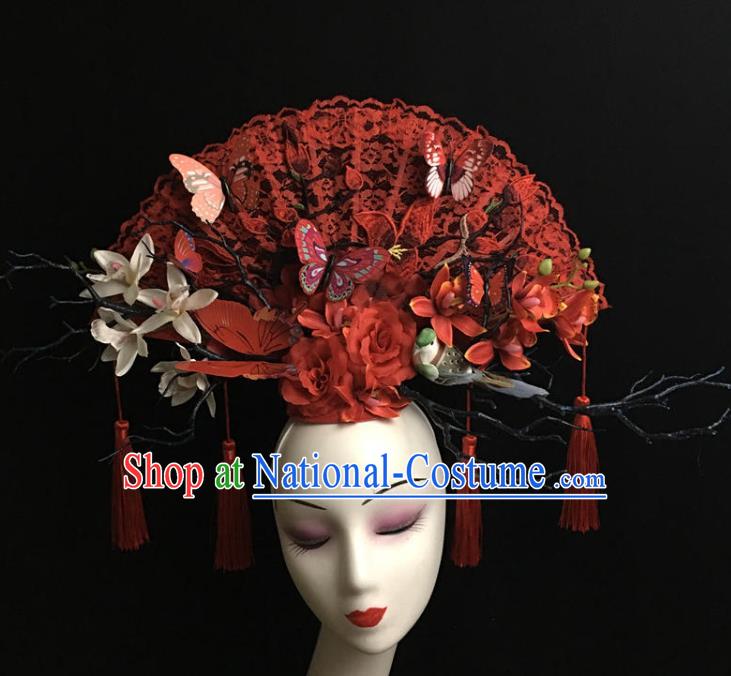 China Handmade Bride Fashion Headwear Qipao Show Hair Crown Court Red Lace Fan Hair Clasp Catwalks Deluxe Headdress