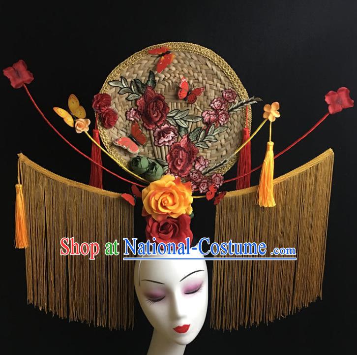 China Catwalks Deluxe Headdress Handmade Bride Fashion Headwear Qipao Show Rattan Fan Hair Crown Court Yellow Tassel Hair Clasp