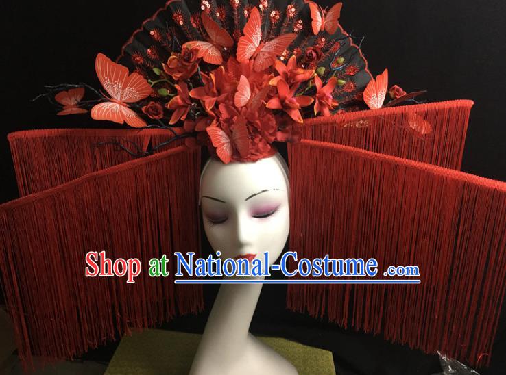 China Qipao Show Hair Crown Court Red Butterfly Fan Hair Clasp Catwalks Deluxe Headdress Handmade Bride Fashion Tassel Headwear