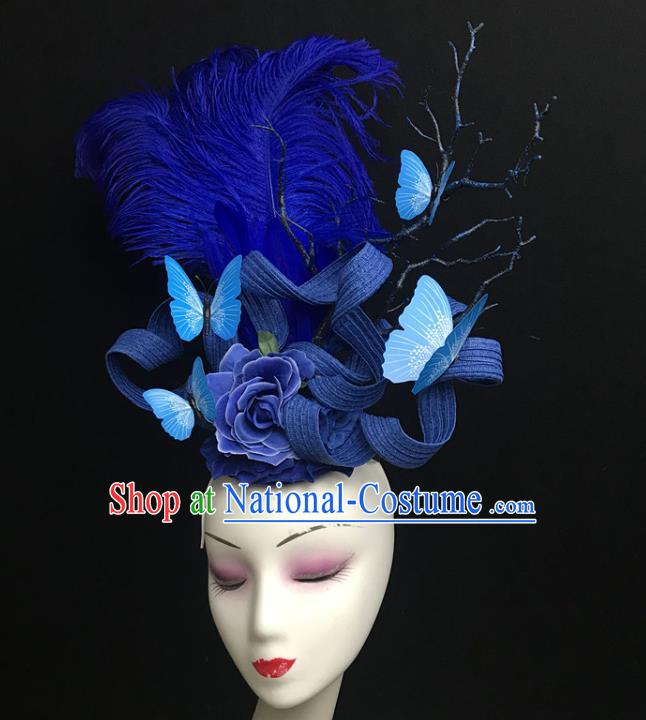 Top Catwalks Butterfly Royal Crown Rio Carnival Royalblue Feather Hair Clasp Brazil Parade Headdress Halloween Cosplay Princess Hair Accessories